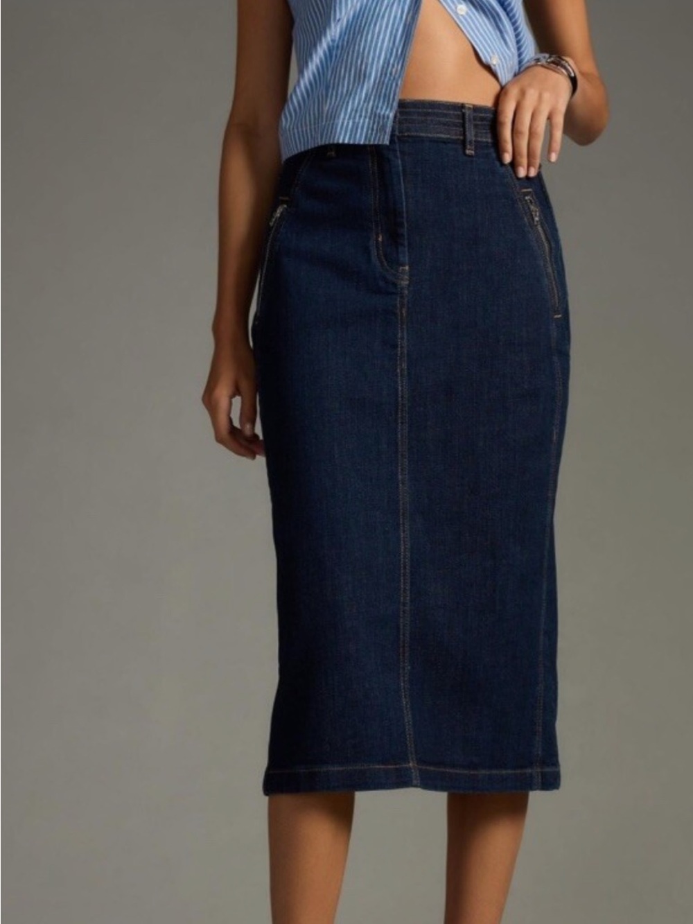 Anthropology Pilcro Dark Blue Denim Pencil Midi Skirt With Zip Pocket Detail
